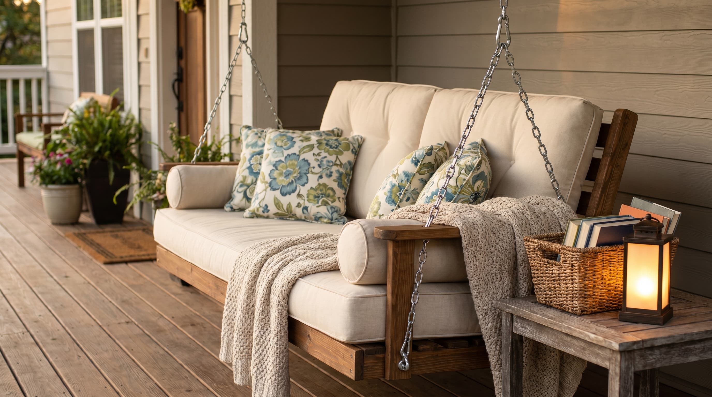 Front porch swing ideas with a wooden swing, thick cushions, floral throw pillows, and a soft blanket for cozy evenings.