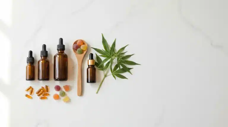 Brown glass dropper bottles, capsules, and gummies with cannabis leaf on white marble surface