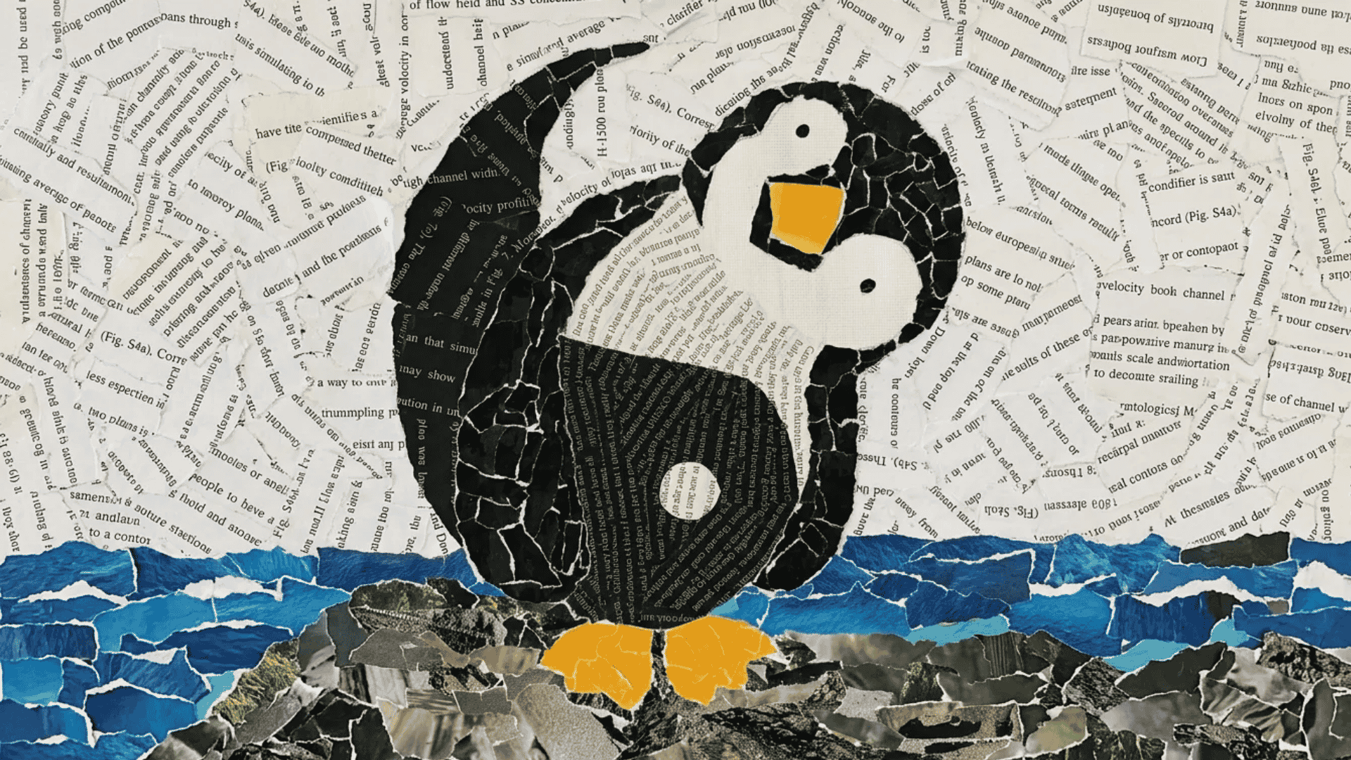 A torn paper collage of a penguin made from black-and-white book pages, standing against layered blue waves and textured scraps.