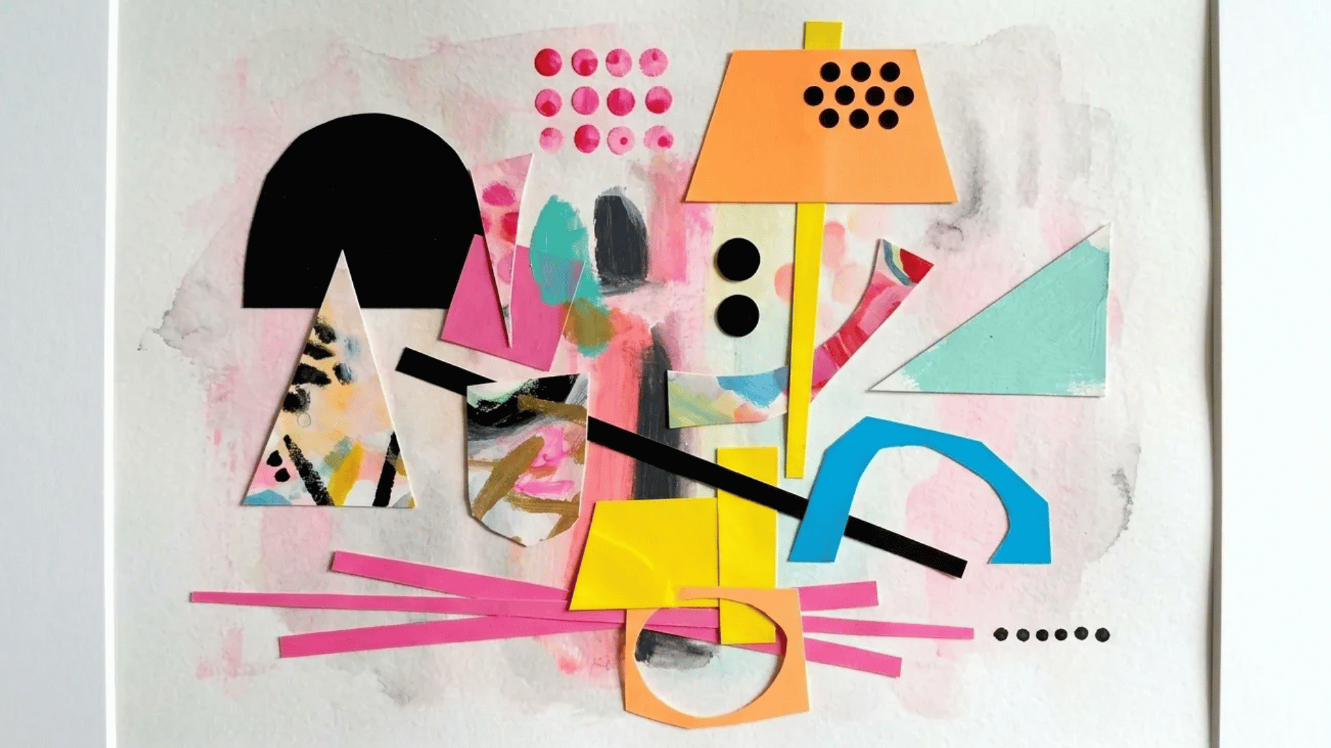 Abstract geometric collage art with colorful paper shapes, mixed textures, and modern design elements.