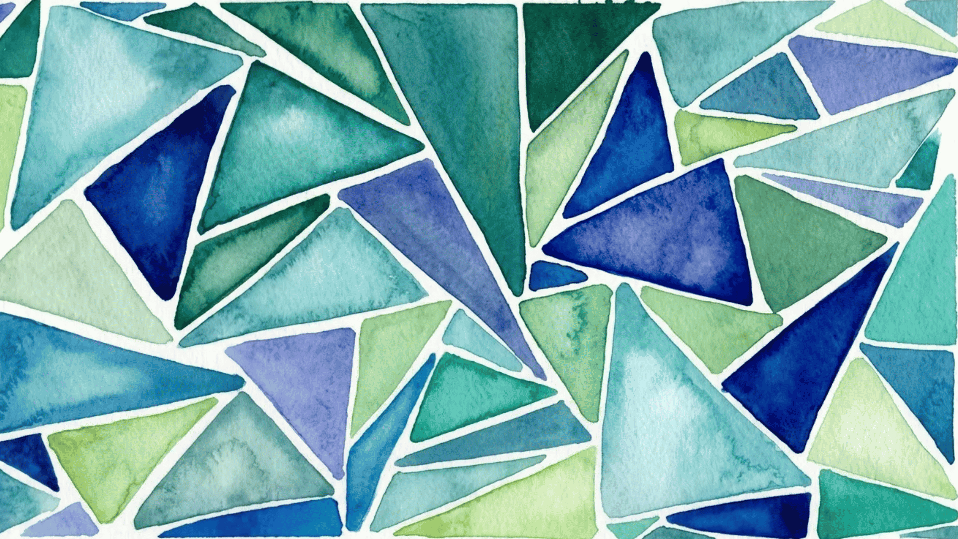 Abstract watercolor geometric art with layered blue, teal, and green triangle shapes.