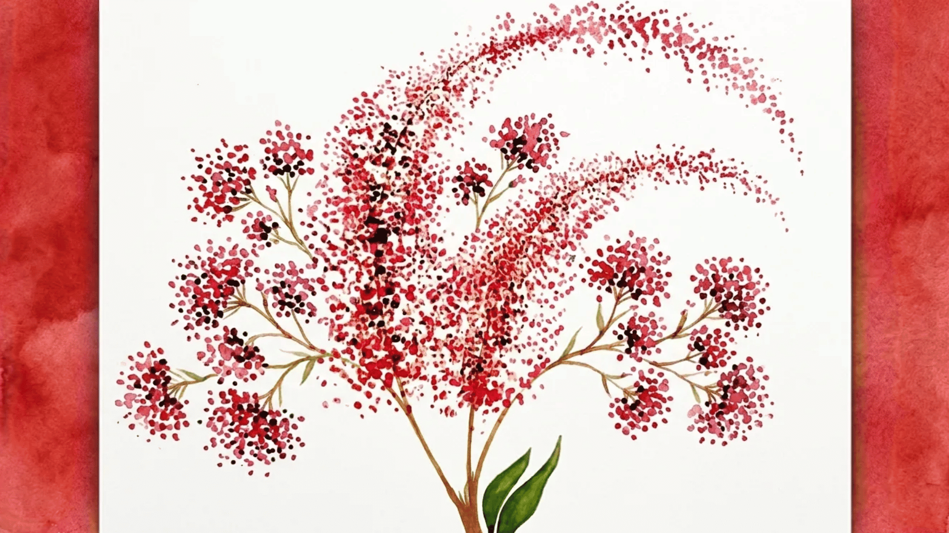 Abstract watercolor tree with pink and red dotted blossoms on a white background with a red border.