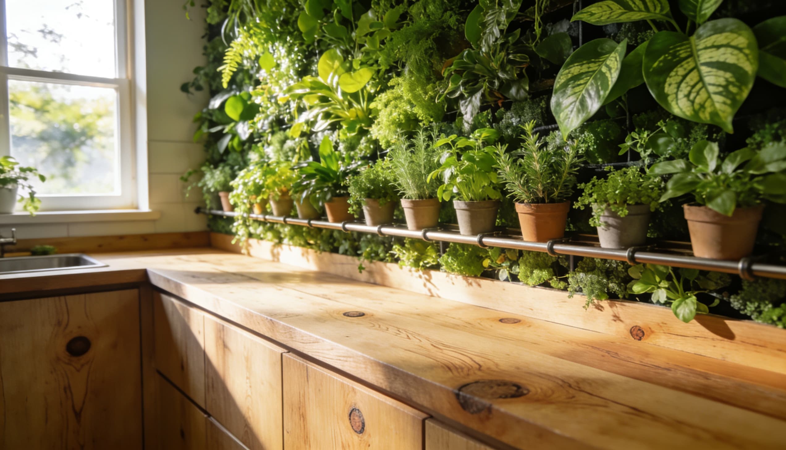 A wall-mounted metal rail holding several small potted herbs and green plants on a wooden shelf next to a window.
