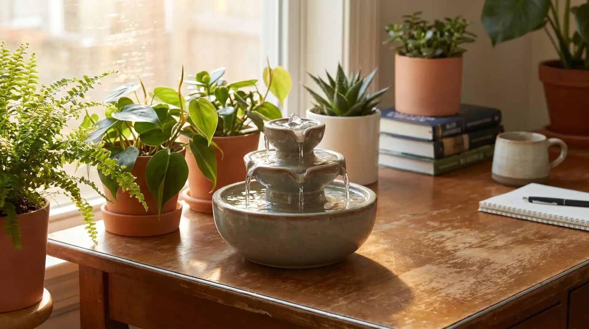 A tiered tabletop stone fountain running on a wooden desk next to small potted houseplants and a stack of books.