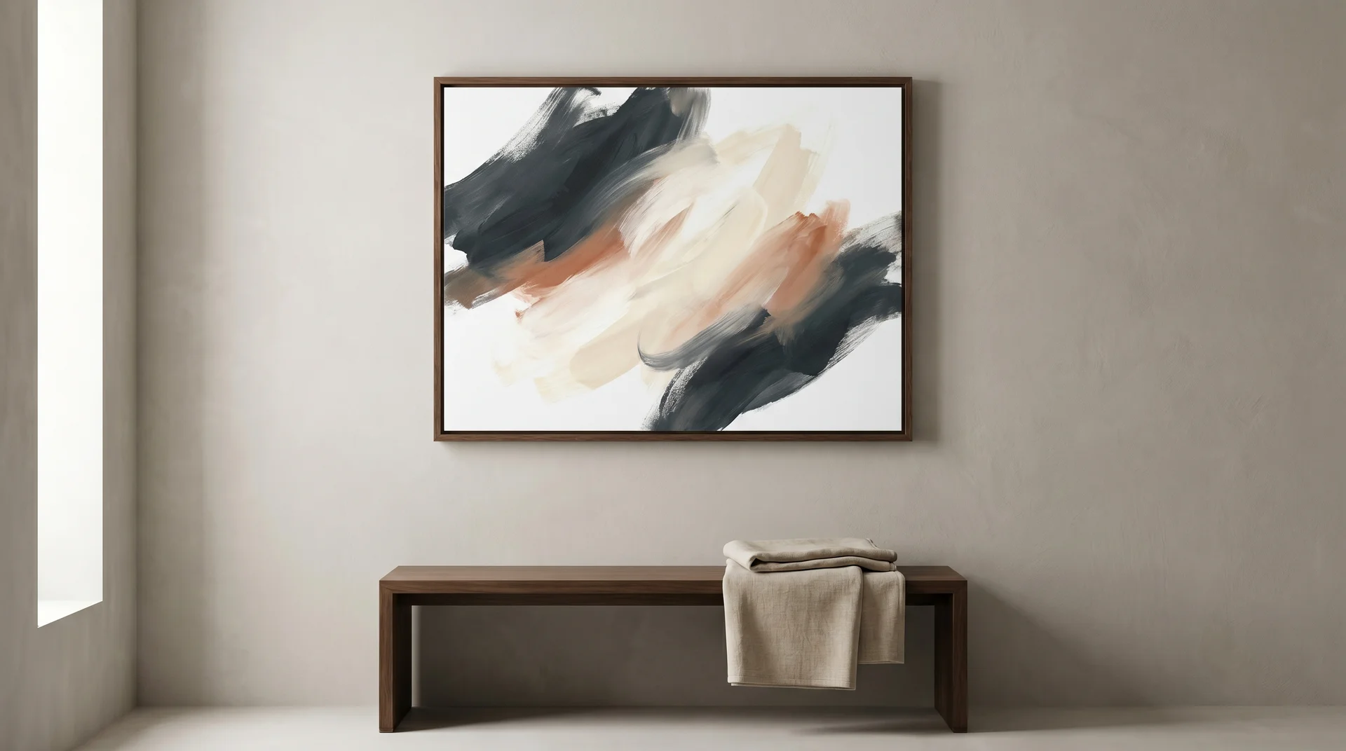 Large abstract brushstroke painting hanging above a dark wood bench against a neutral, warm beige wall.