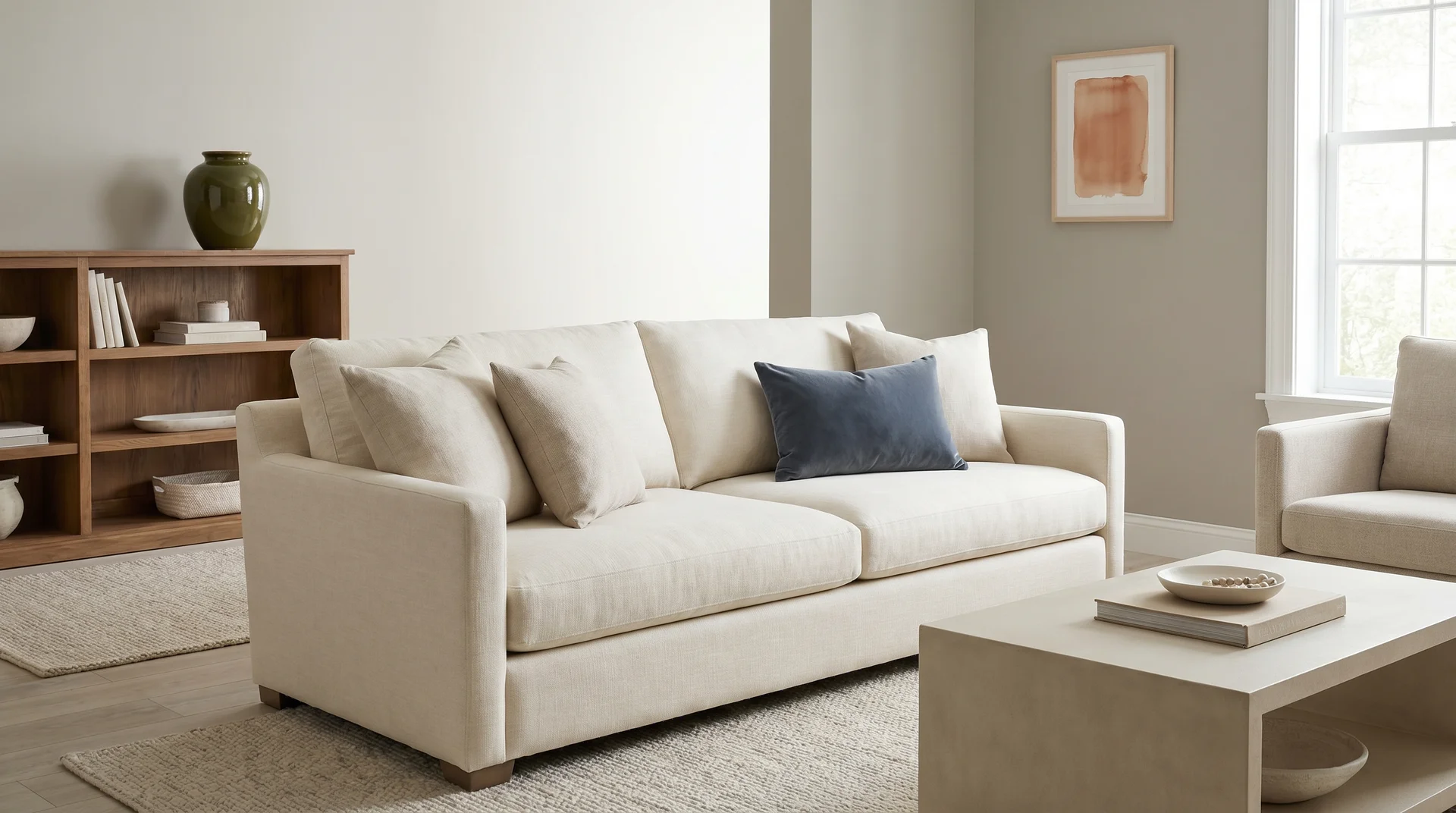 Neutral living room with an off-white sofa featuring a single dark blue accent pillow and a small framed art print on the wall.