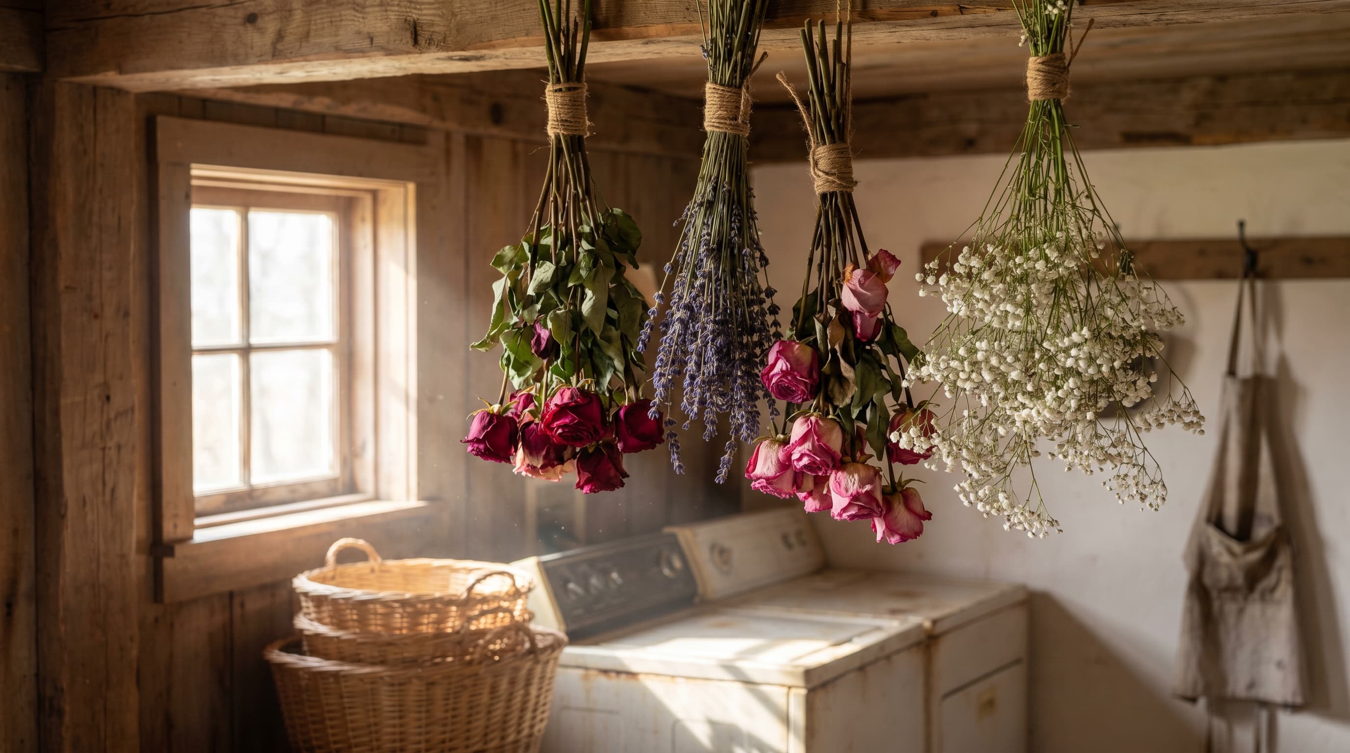 Bundles of roses, lavender, and baby’s breath hanging upside down with twine in a rustic room while air drying in soft natural sunlight.