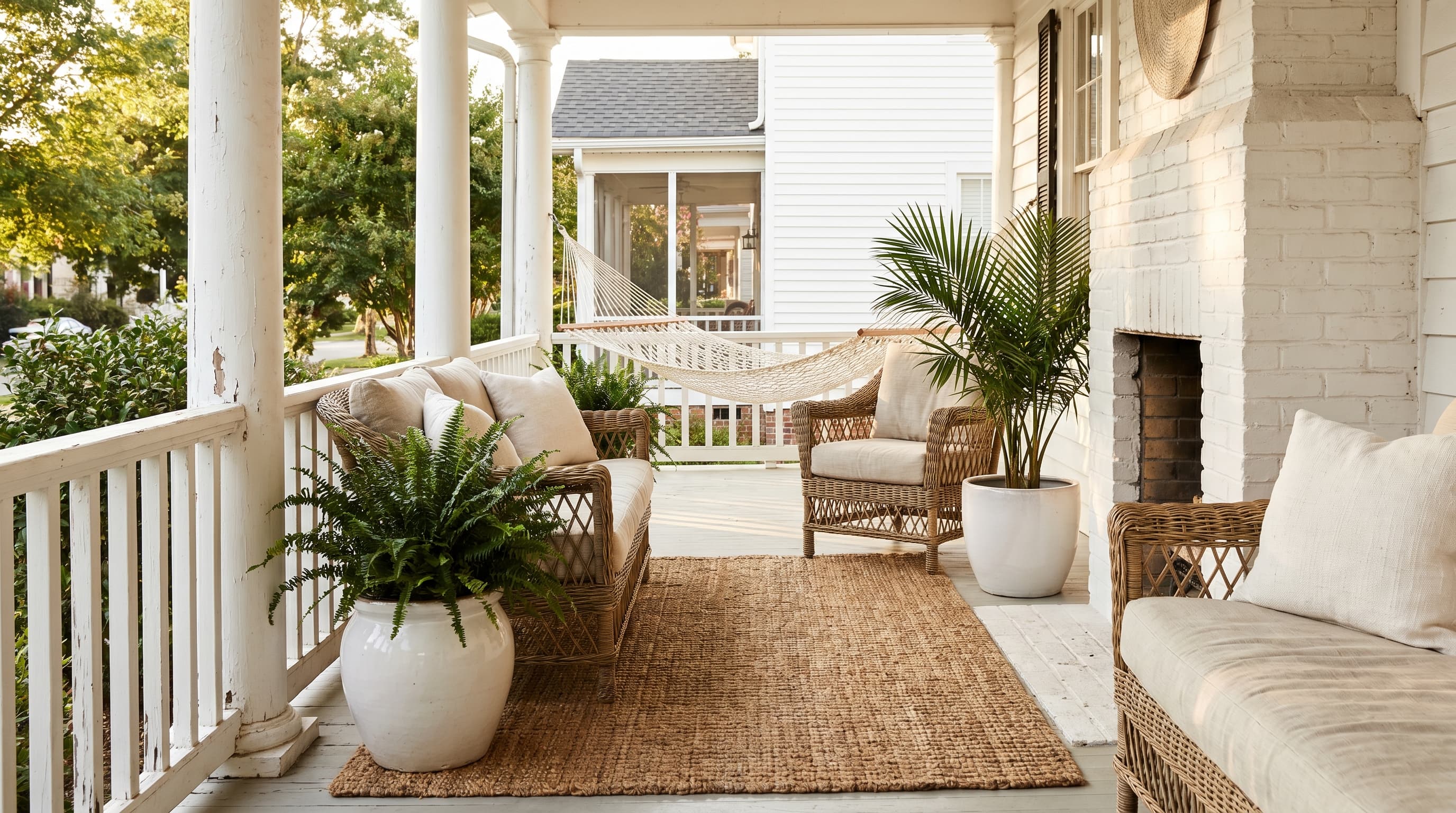 White front porch design ideas with white furniture, white columns, layered jute and woven rugs, and varied green plants.