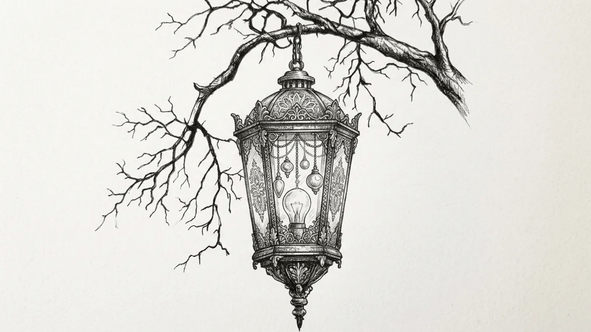An intricate sketch drawing of a vintage hanging lantern suspended from bare tree branches with detailed ornamental patterns.