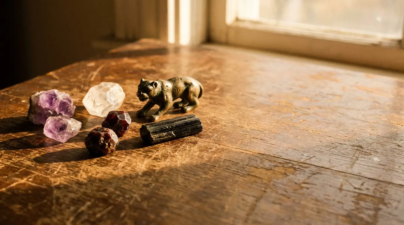Crystals and small animal figurine on wooden table in warm natural light