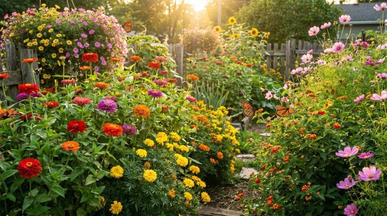 Colorful summer flower garden with butterflies, blooming zinnias, marigolds, and cosmos in golden sunlight.