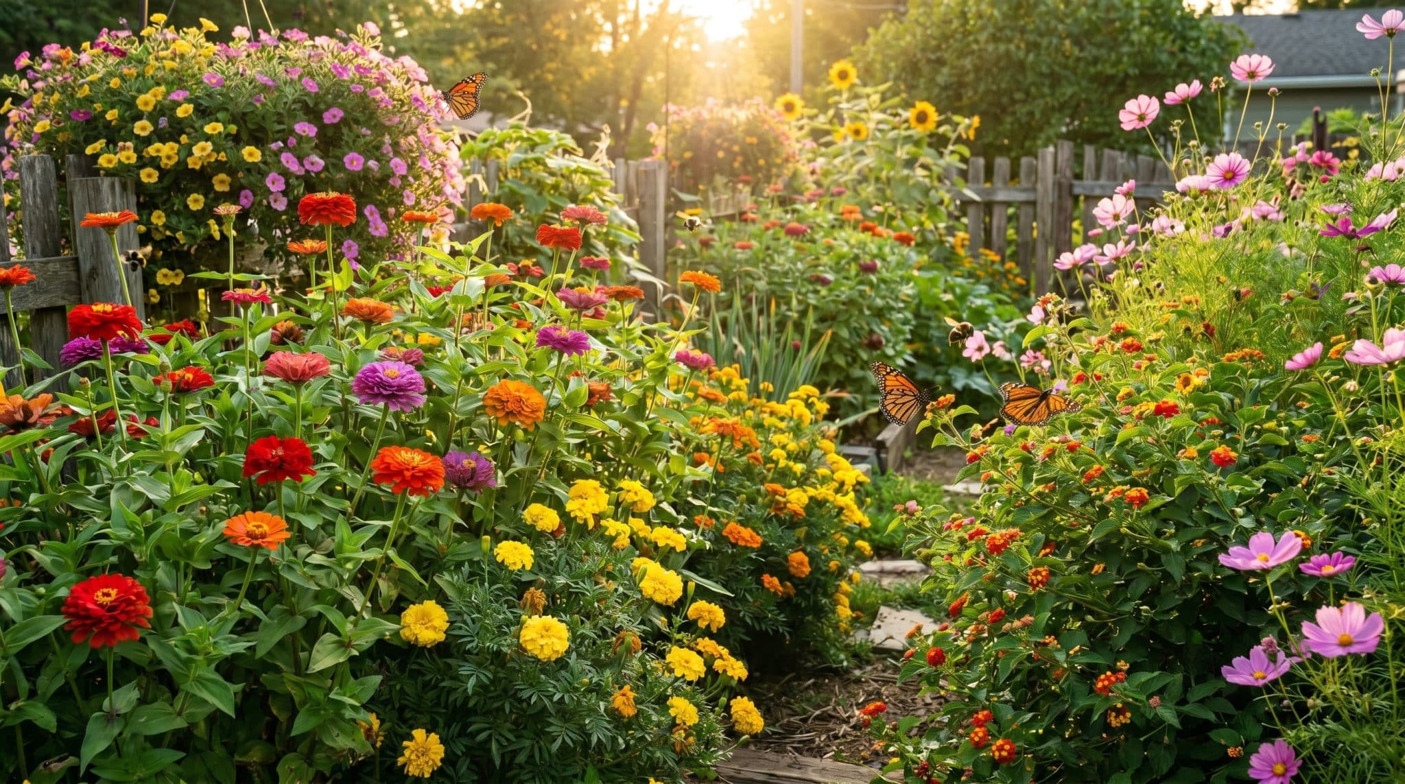 Colorful summer flower garden with butterflies, blooming zinnias, marigolds, and cosmos in golden sunlight.