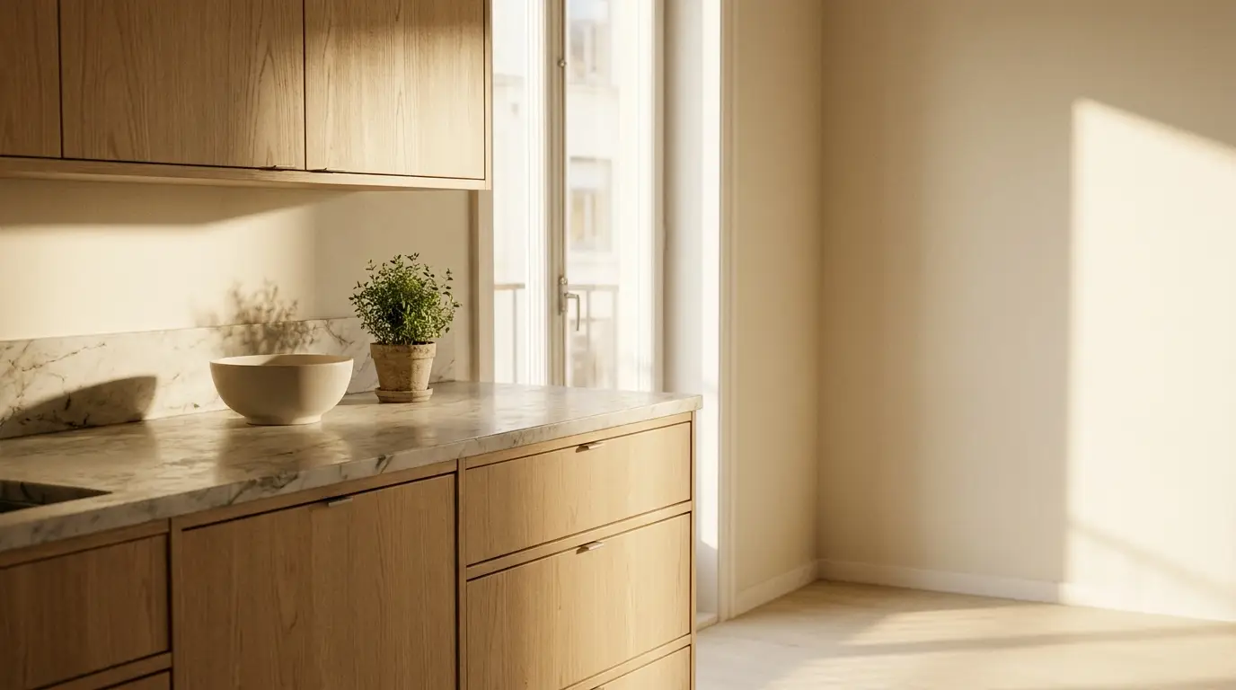 Natural light illuminating modern kitchen with marble countertop and potted plant on wooden cabinets
