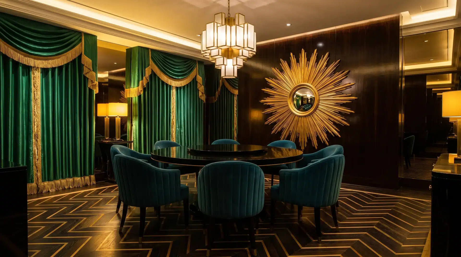Moody Art Deco interior featuring green velvet drapery, a tiered crystal chandelier, and a gold sunburst wall accent.