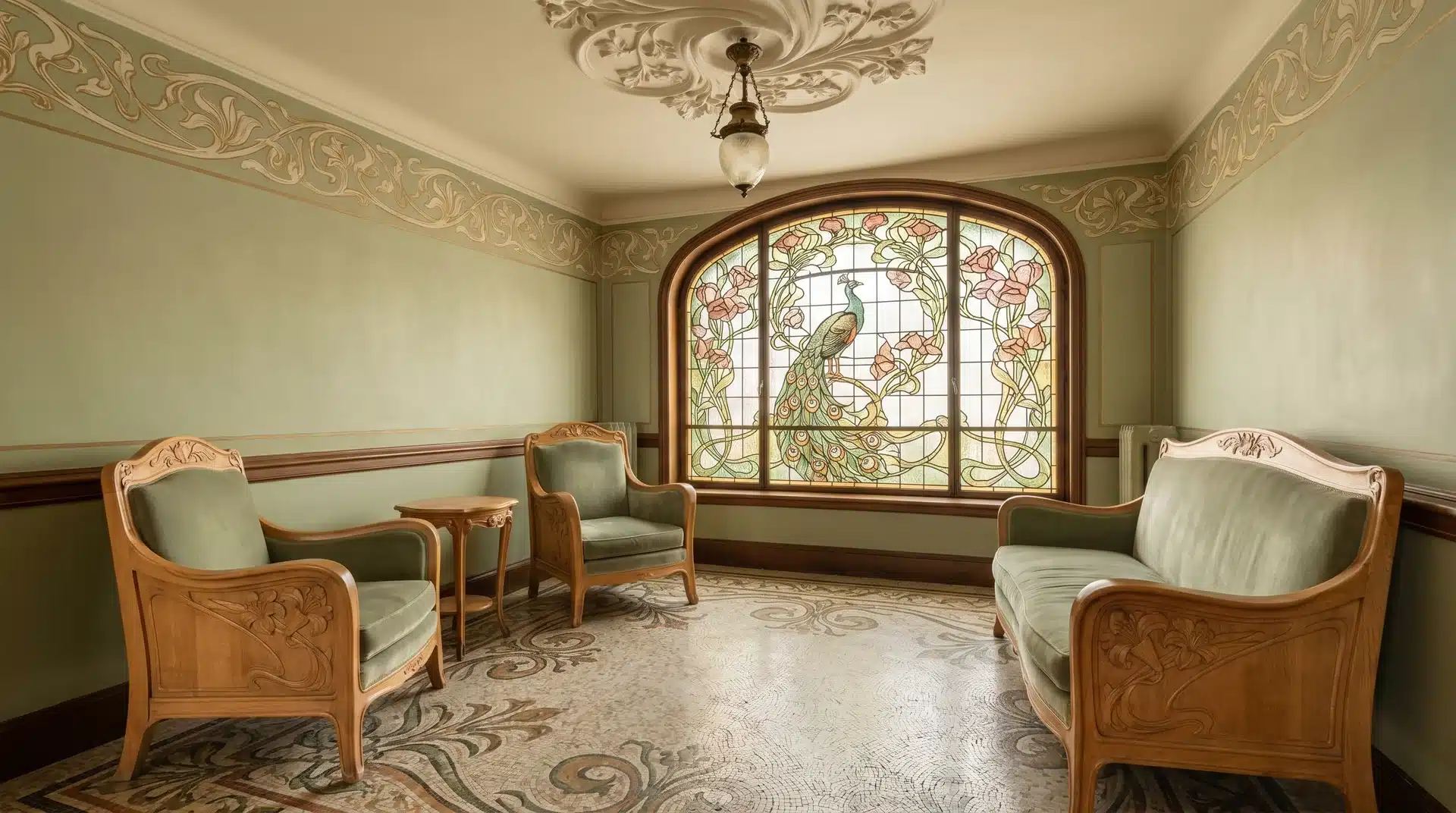 Art Nouveau sitting room with curved wood armchairs, a matching sofa, and a large stained glass window with a peacock.