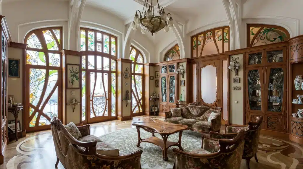 Art Nouveau sitting room with curved wood armchairs, a matching sofa, and a large stained glass window with a peacock.