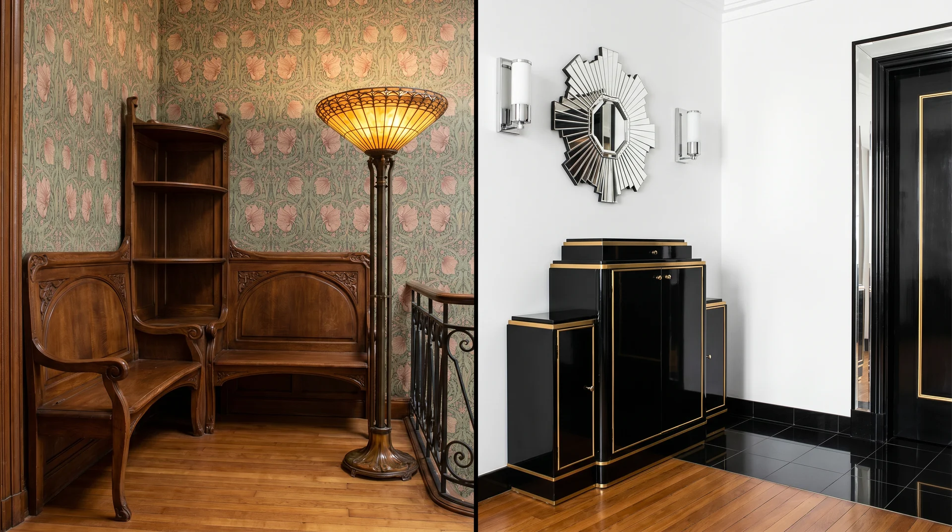 Side-by-side comparison showing a curved Art Nouveau wooden bench and a geometric, glossy black Art Deco console.