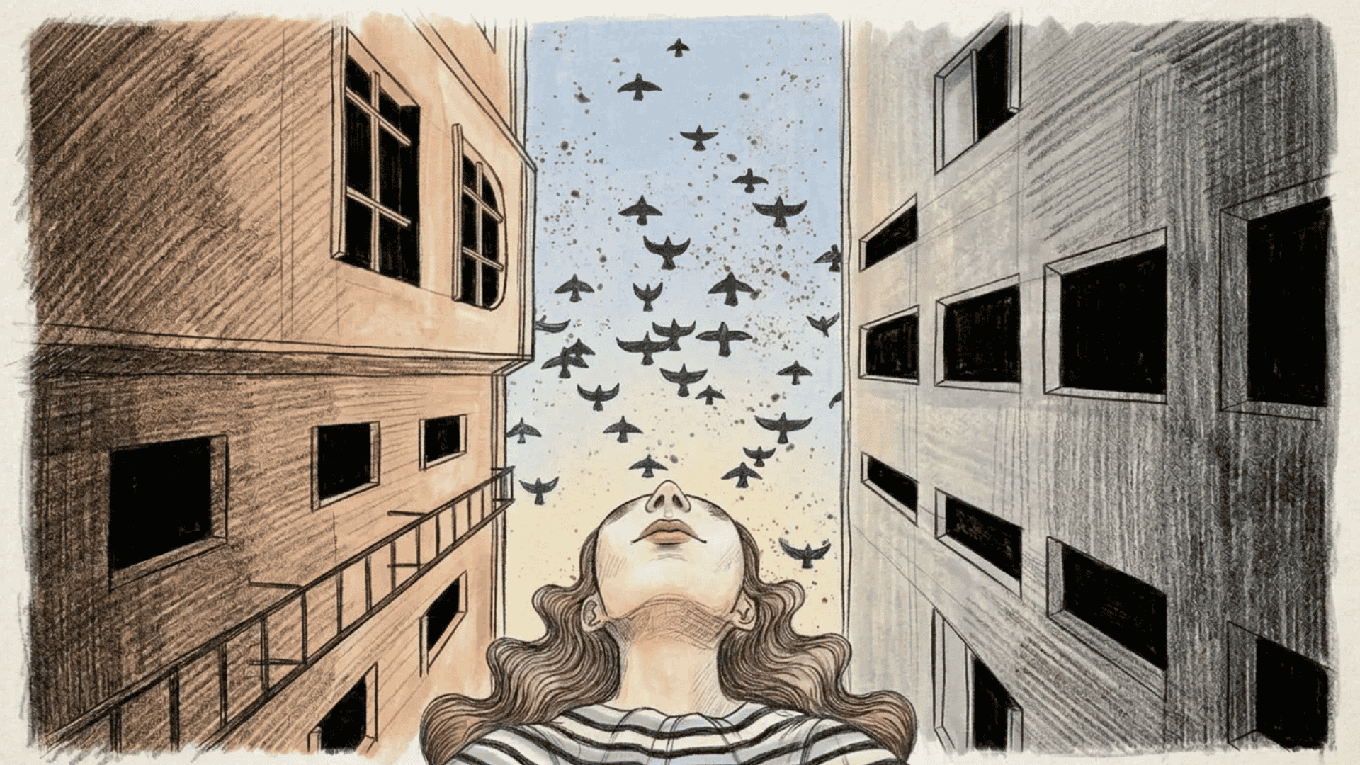 Artistic sketch of a woman looking up at birds flying between tall city buildings. (1)