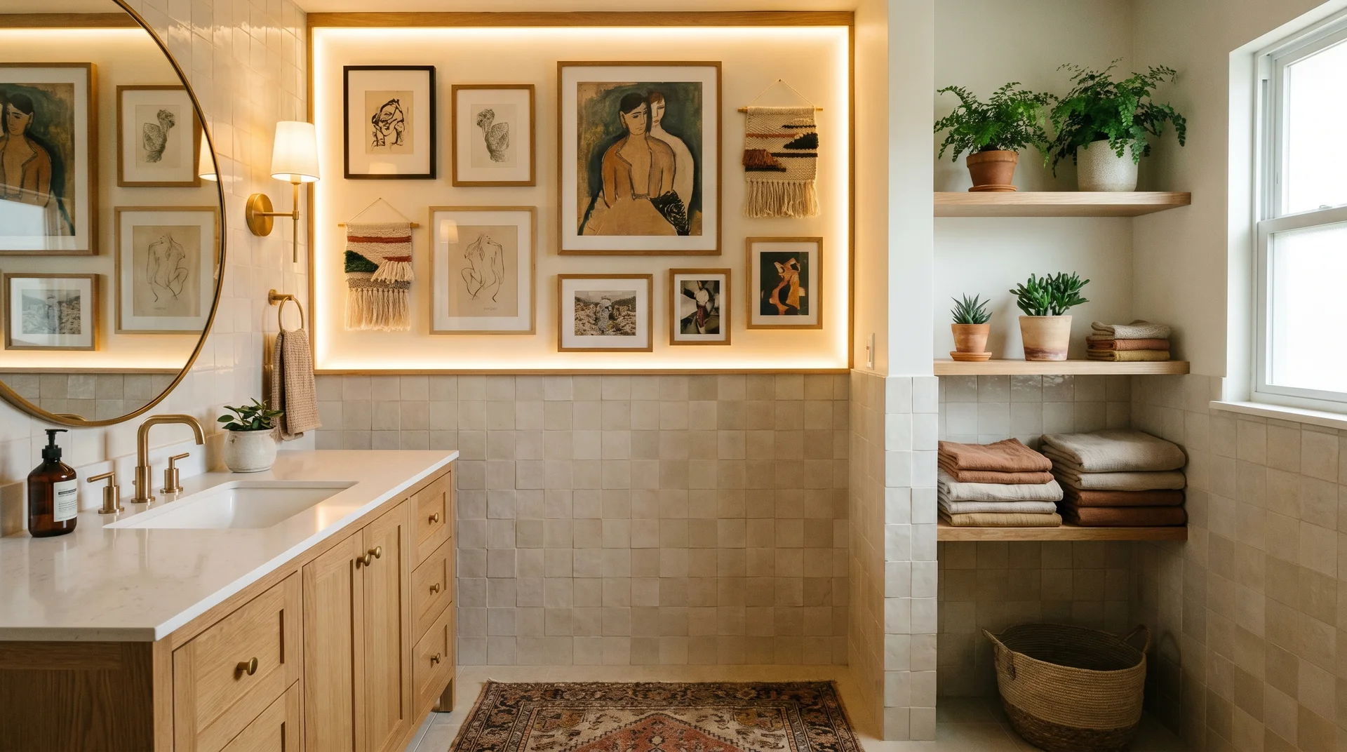 Bathroom with framed artwork, floating shelves, and woven wall hangings.