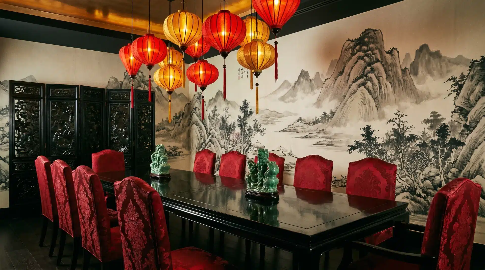 Asian Fusion dining room with a long dark table, red velvet chairs, hanging red paper lanterns, and a mountain mural.