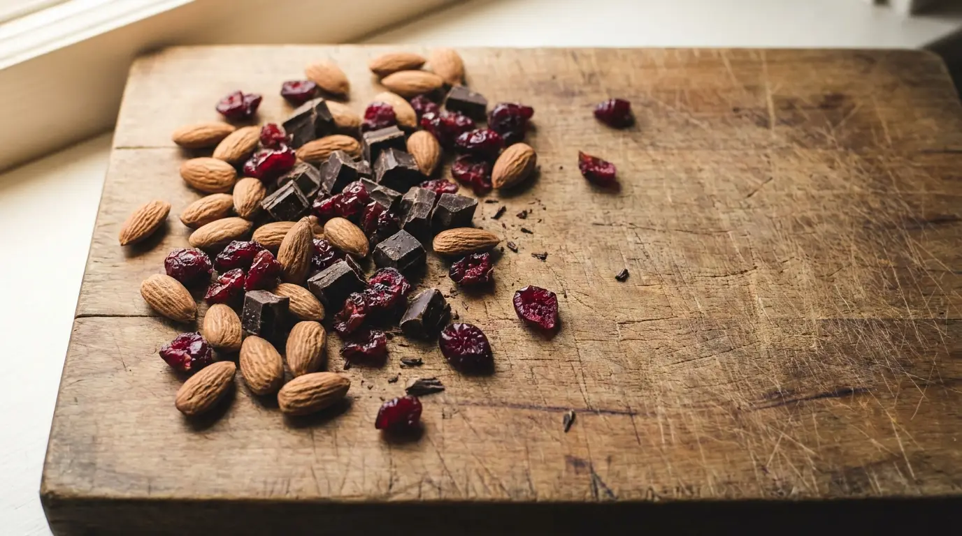 Almonds, dark chocolate chunks, and dried cranberries on wooden cutting board in soft lighting