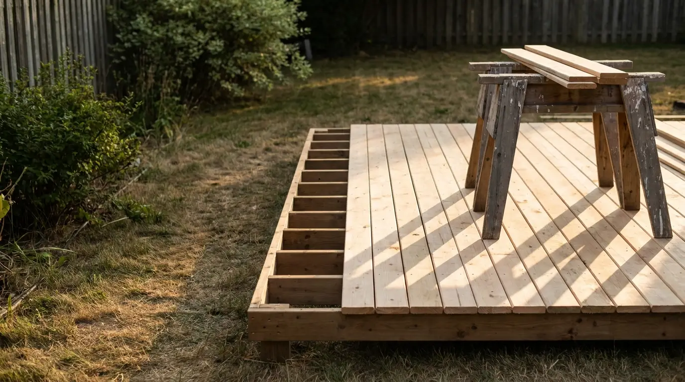 Wooden deck construction in backyard with sawhorse and planks in natural daylight