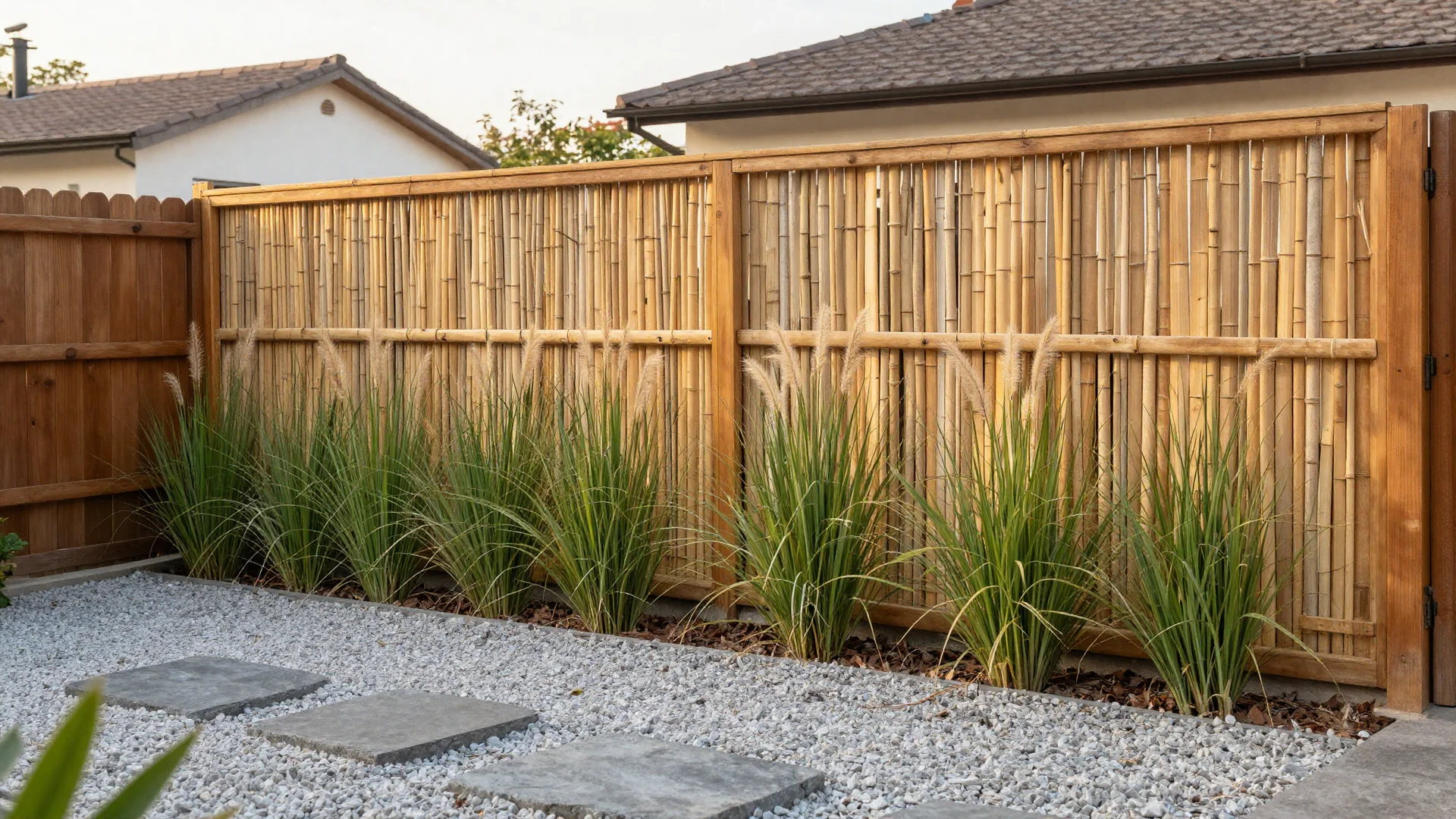 A natural bamboo roll screen attached to a wooden privacy fence, fronted by tall green ornamental grasses and a gravel path.