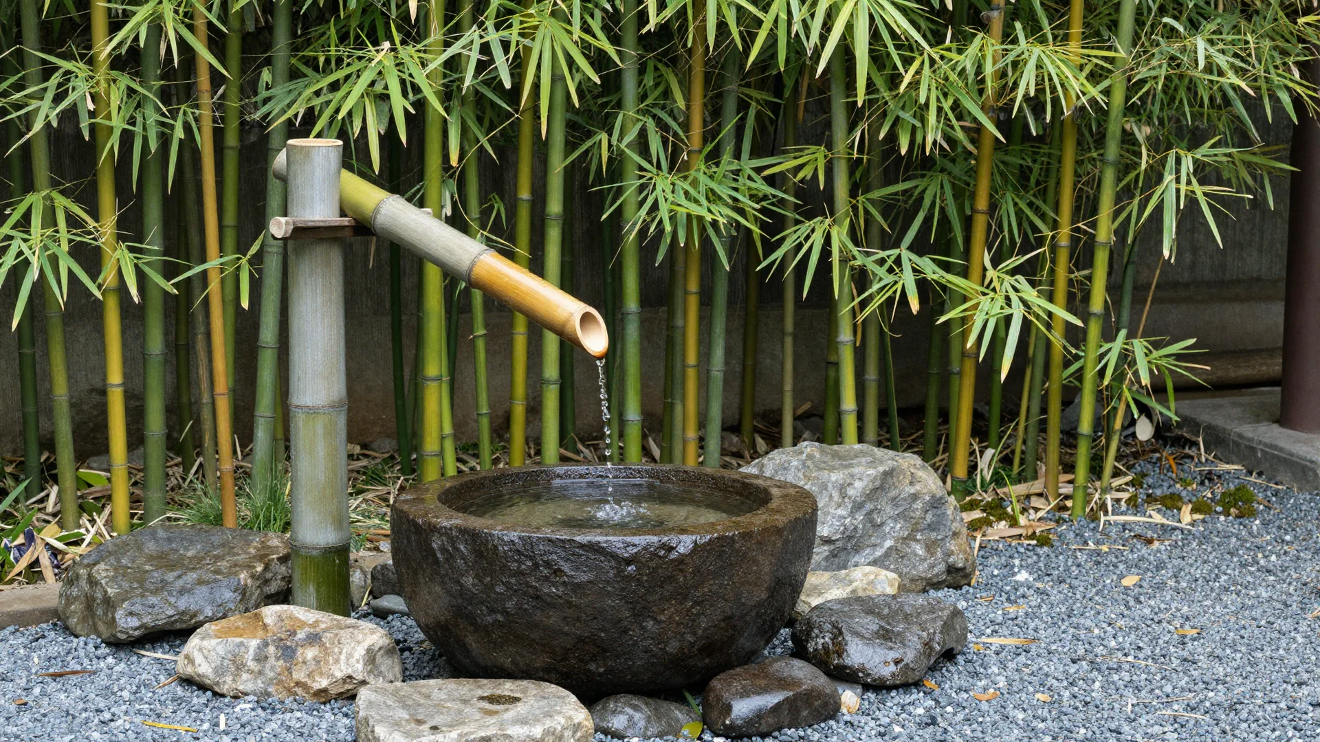 A traditional Japanese bamboo water fountain trickling into a round stone basin, set against a backdrop of lush green bamboo stalks.