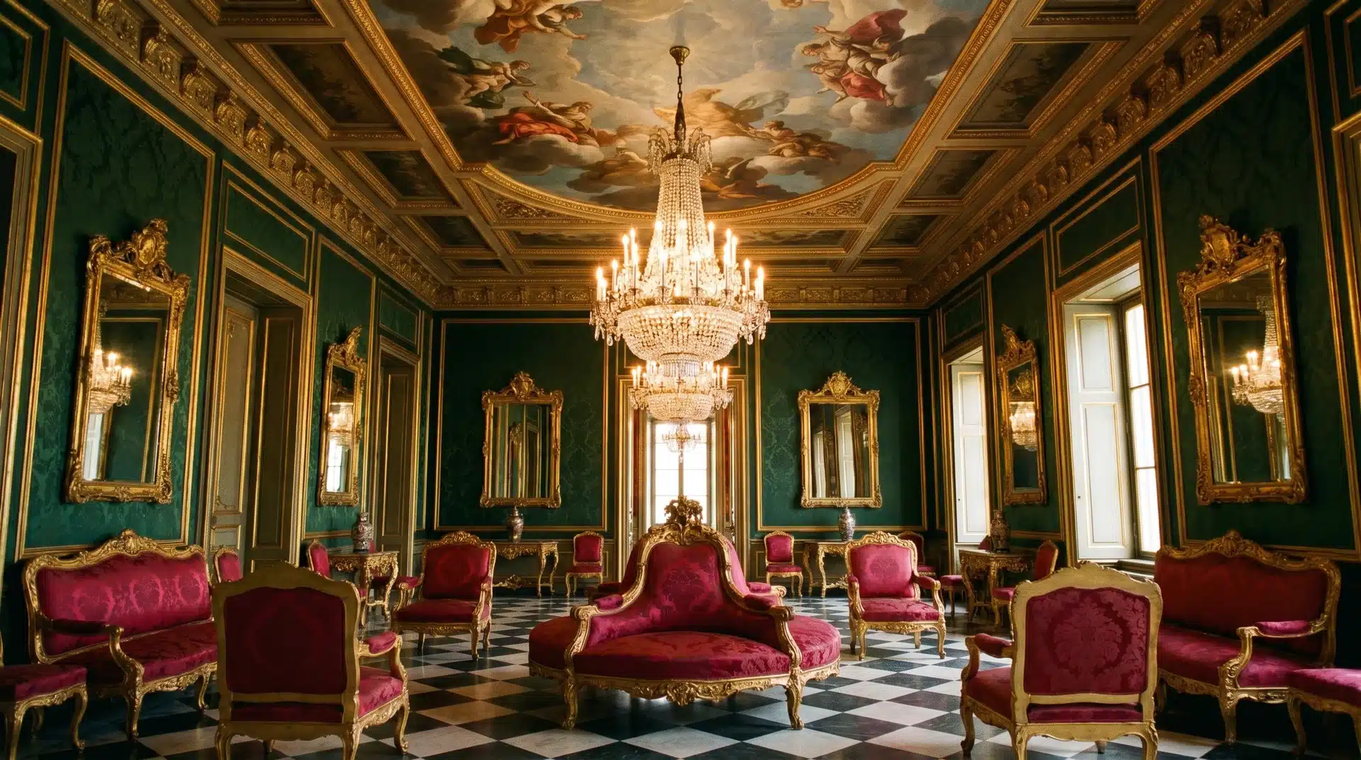 Grand Baroque room with a massive crystal chandelier, a painted ceiling mural, gold moldings, and red velvet sofas.