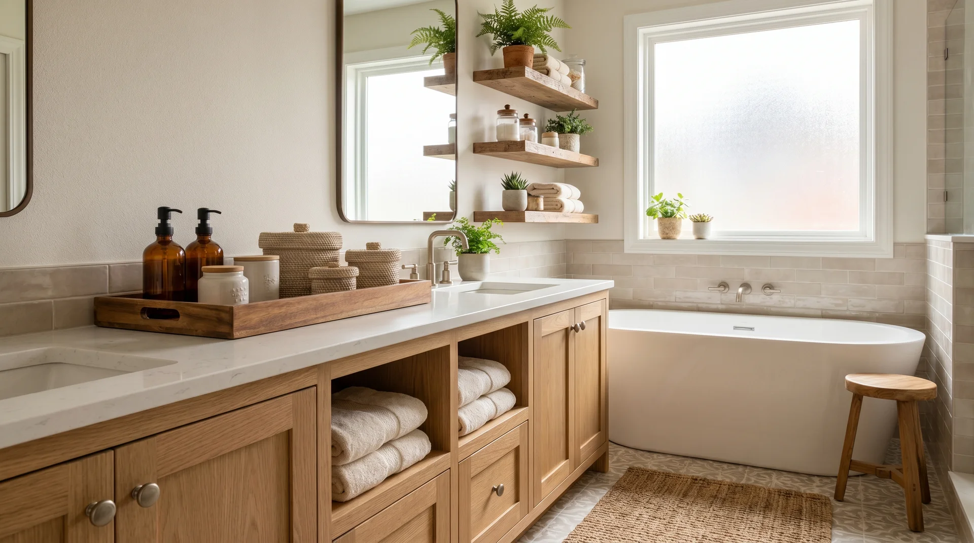 Organized bath essentials on wooden tray with plants and towels.