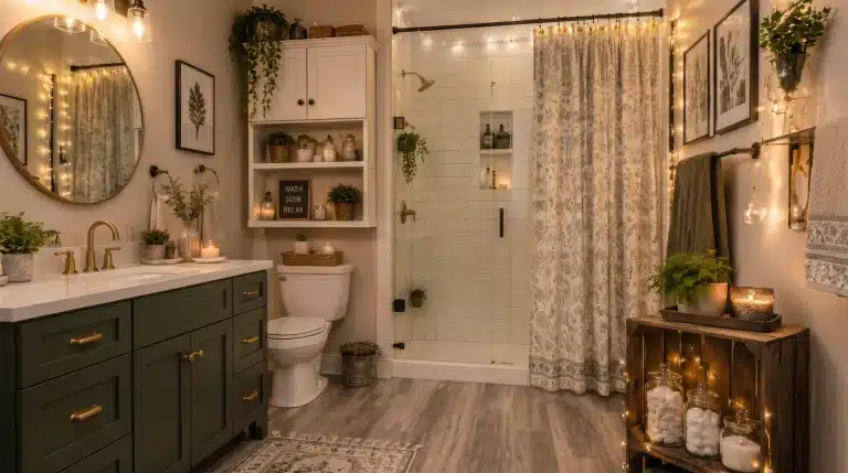 Cozy bathroom with green vanity, shower curtain, floating shelves, plants, and warm lighting.