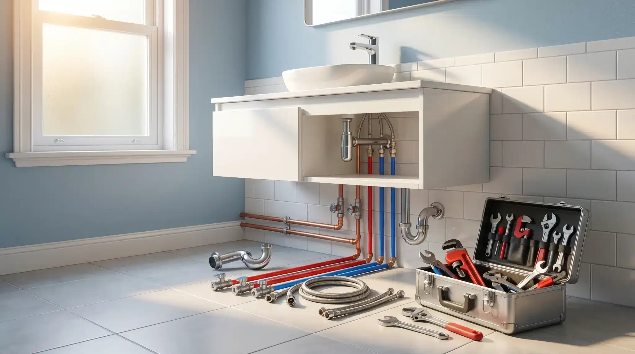 Open toolbox with plumbing tools beside exposed sink pipes in a bright bathroom