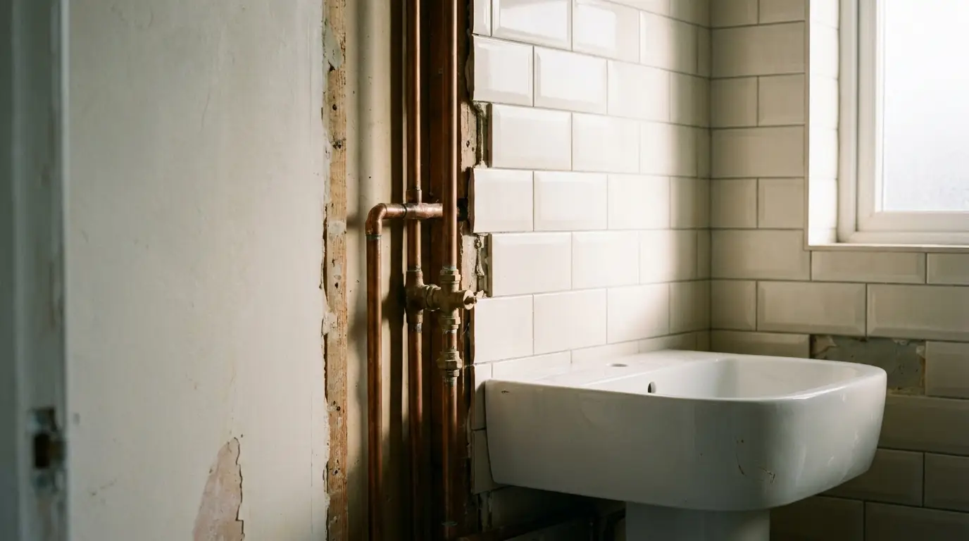 White ceramic sink and exposed copper pipes against tiled bathroom wall in natural light