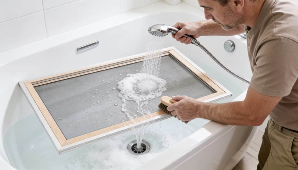 Person rinsing reusable air filter in bathtub while scrubbing away soap and debris.