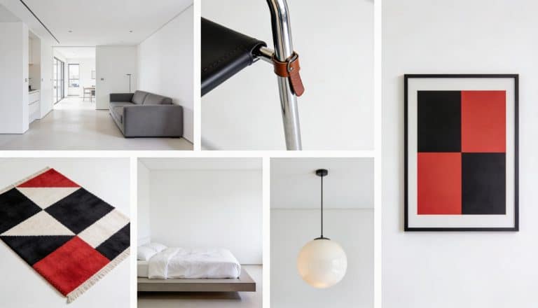 Bauhaus interior design collage featuring a minimalist room, tubular steel chair, geometric art, and a checkered red and black rug.