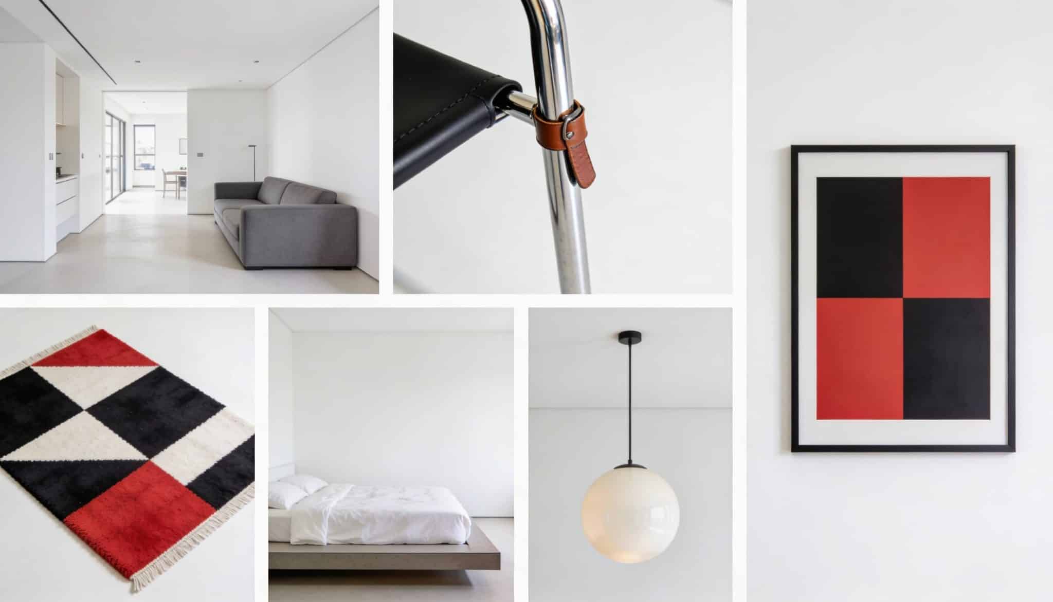 Bauhaus interior design collage featuring a minimalist room, tubular steel chair, geometric art, and a checkered red and black rug.