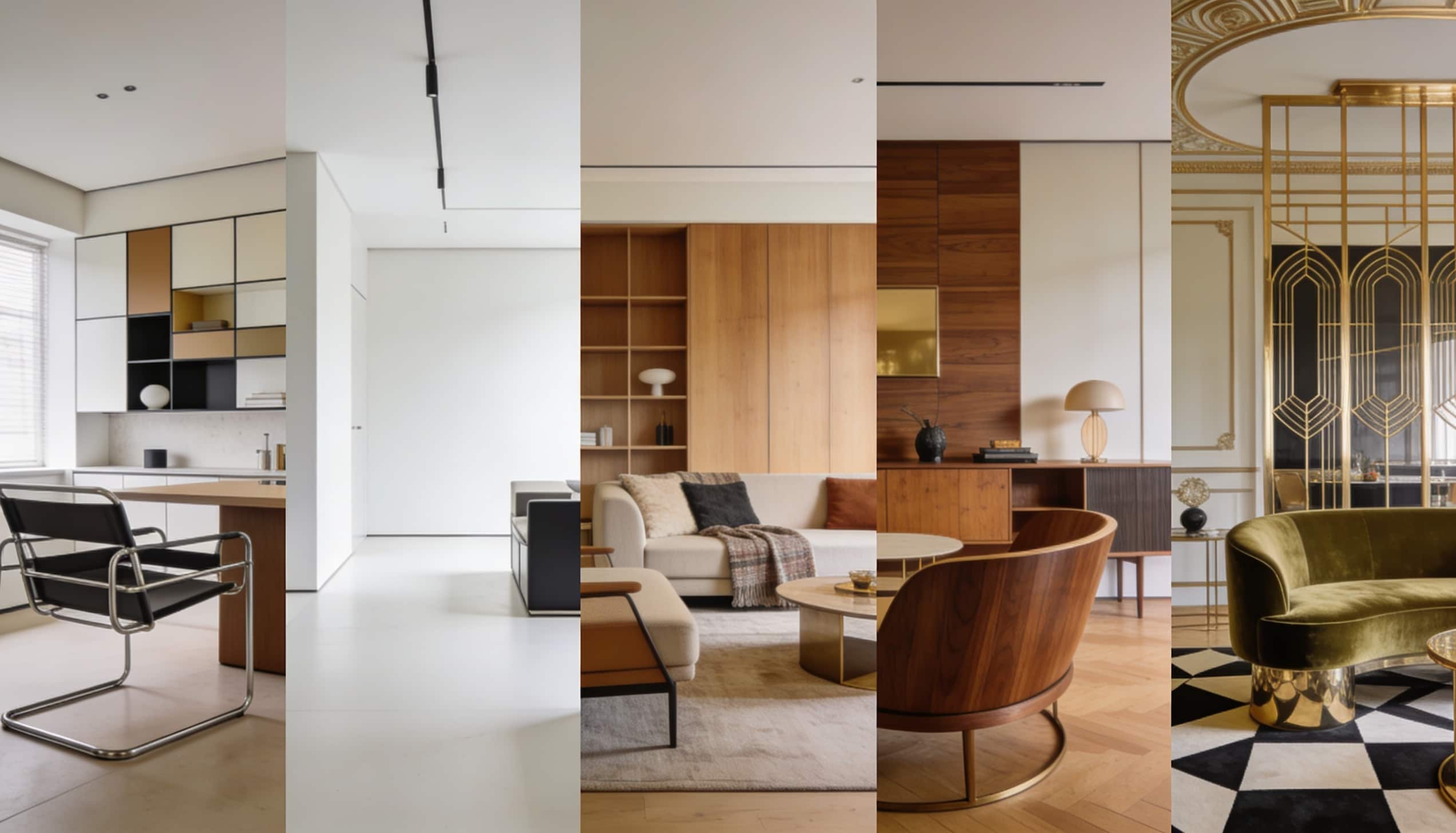 Five-panel interior design collage comparing minimalist, mid-century modern, and Art Deco living rooms side-by-side.