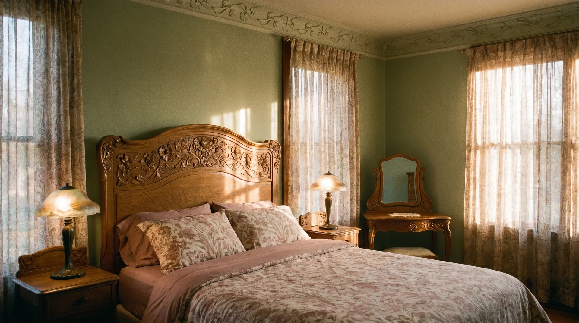 Art Nouveau bedroom with a carved wooden headboard, soft earthy bedding, lit bedside lamps, and sheer curtains.