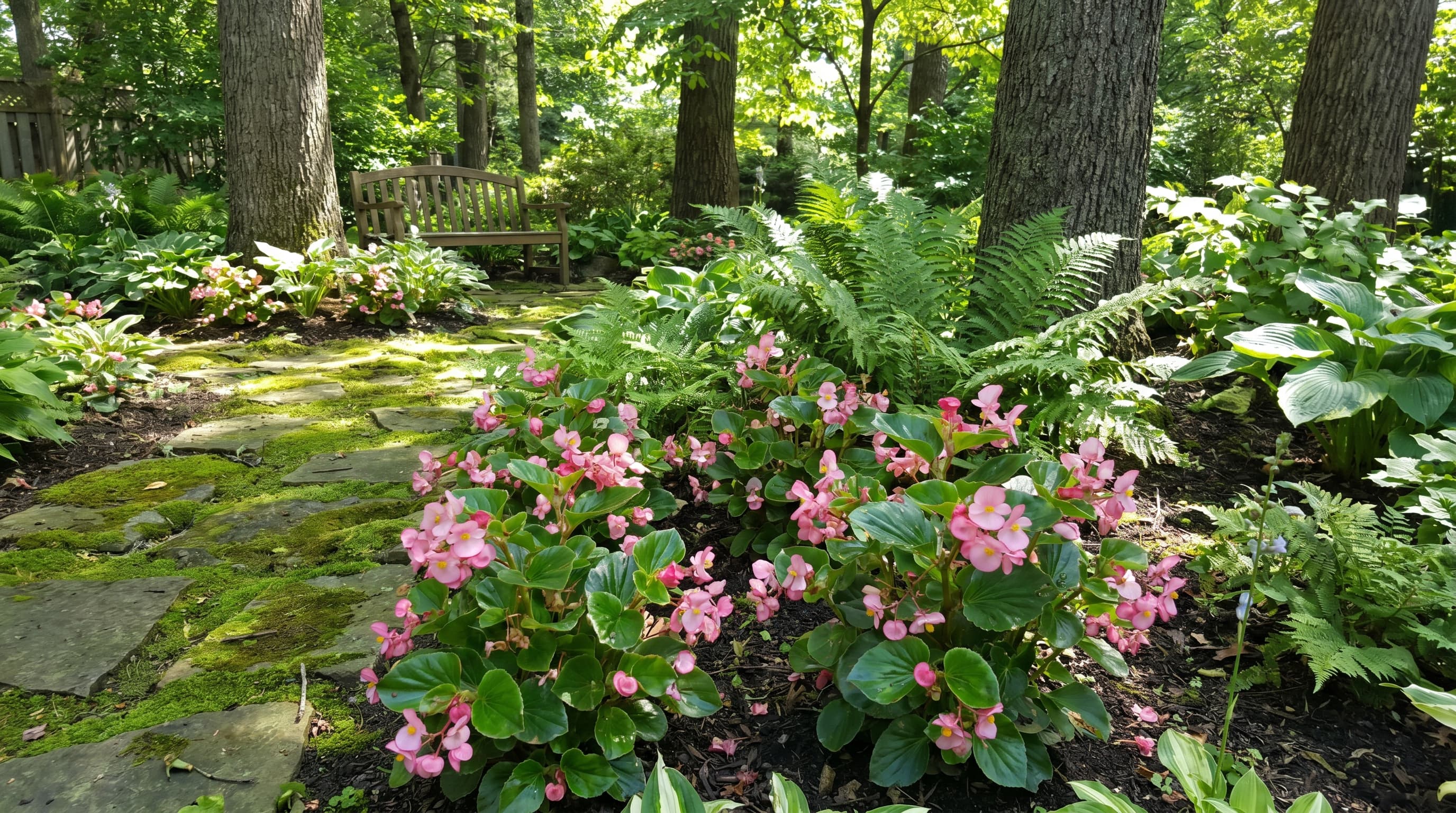 Pink begonias and ferns surrounding a shaded woodland garden bench.