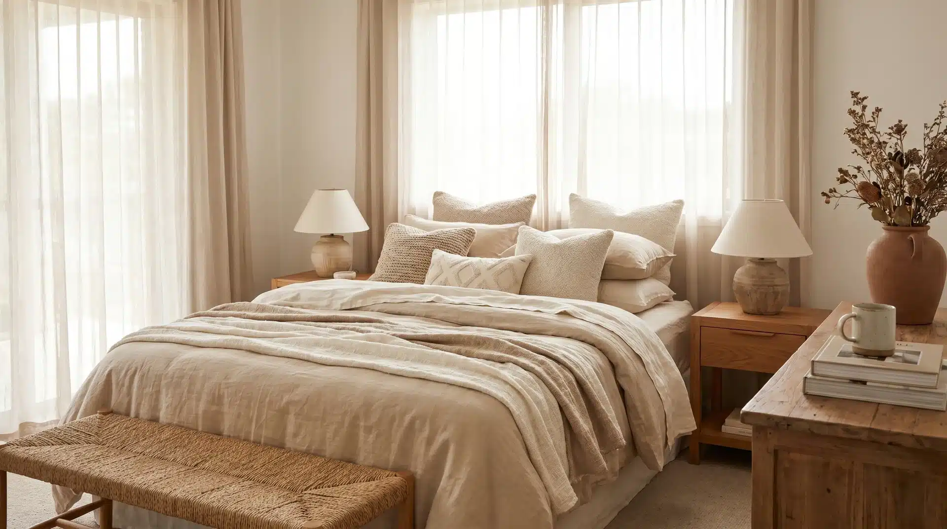 Warm beige and ivory bedroom featuring a rustic wooden bed with layered neutral bedding, a matching wooden bench, and glowing bedside lamps.