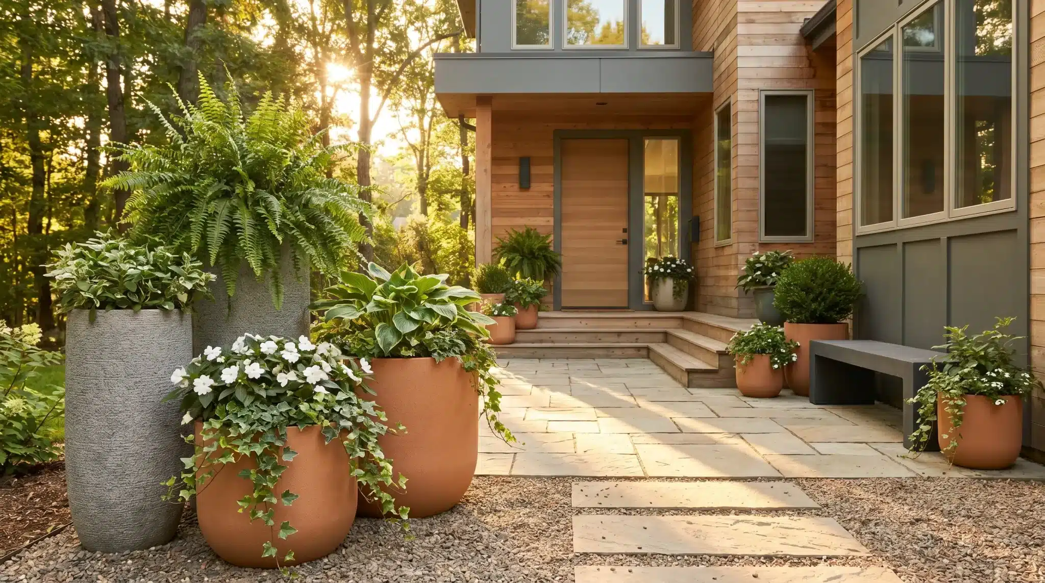 Modern house exterior with wooden paneling and large terracotta planters on stone patio steps