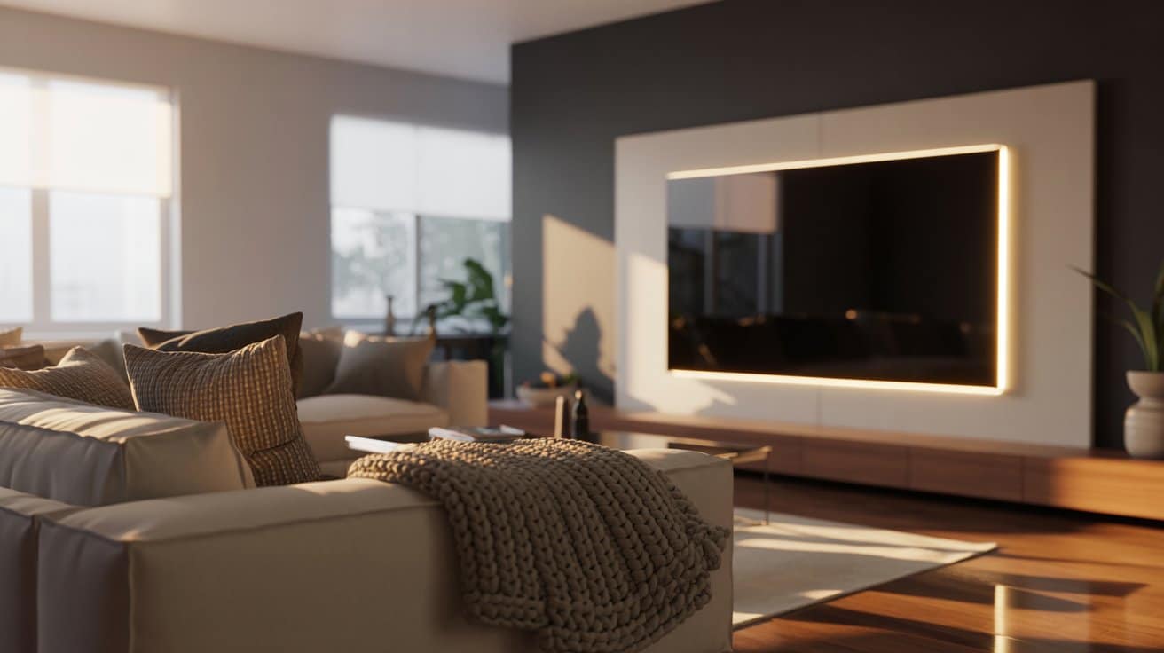 Living room with warm white LED bias lighting behind a wall-mounted TV, adding depth, reducing eye strain, and creating a polished, inviting atmosphere.