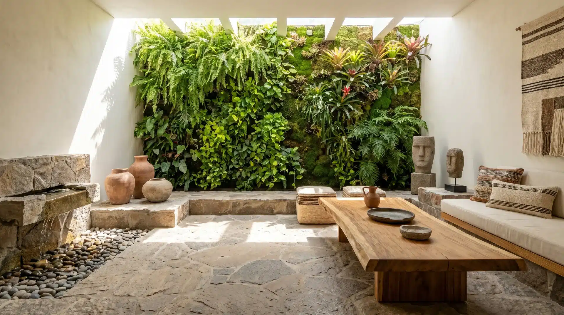 Biophilic interior showcasing a vibrant plant wall, stone finishes, and warm natural wood furniture.