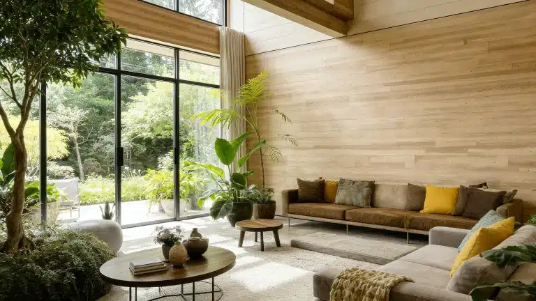 A modern living room with wood paneled walls, a large sofa, and a floor-to-ceiling glass wall looking out to a garden.