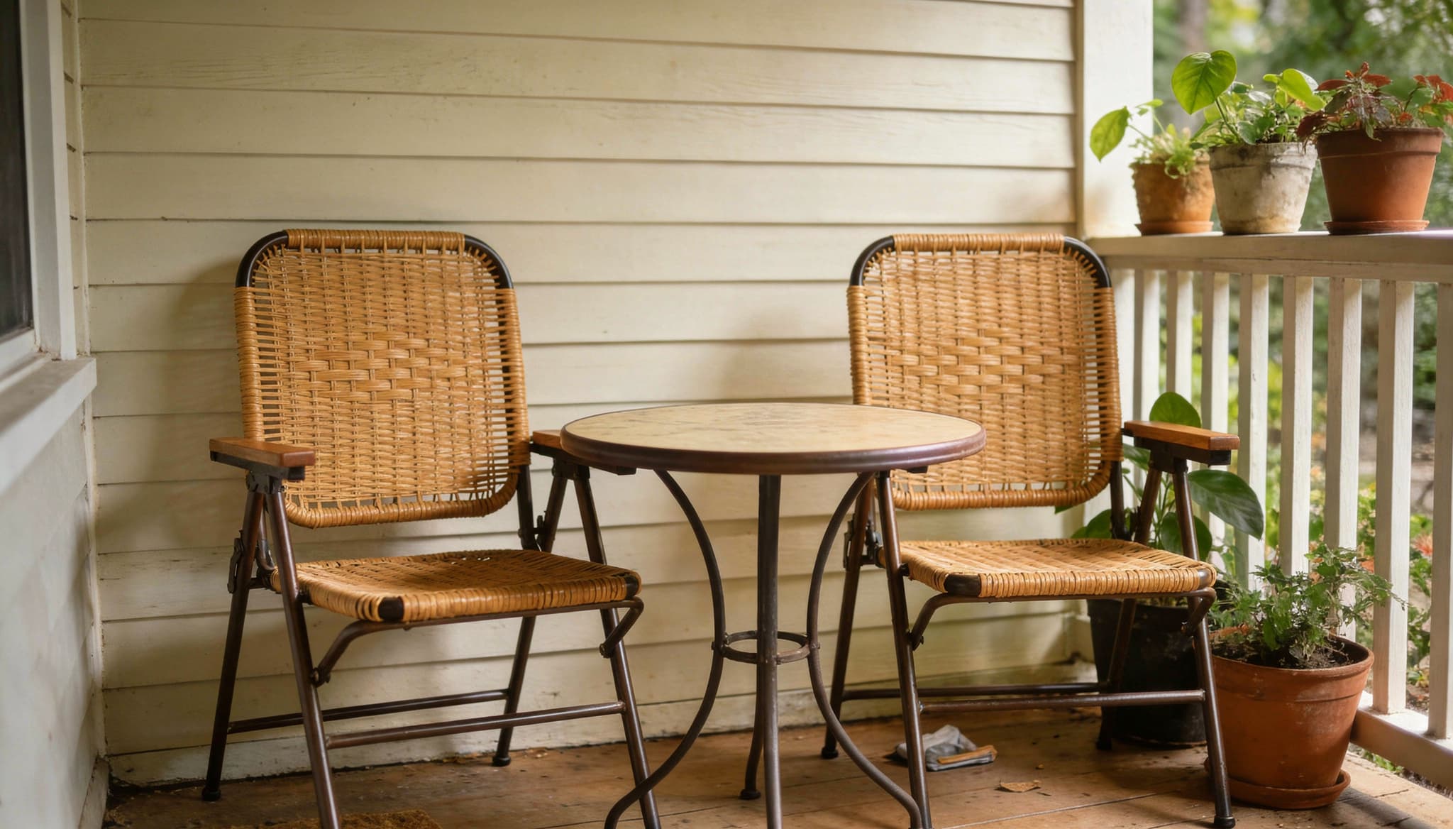 Small front porch ideas with a compact bistro table, two chairs, and a single potted plant by the door.