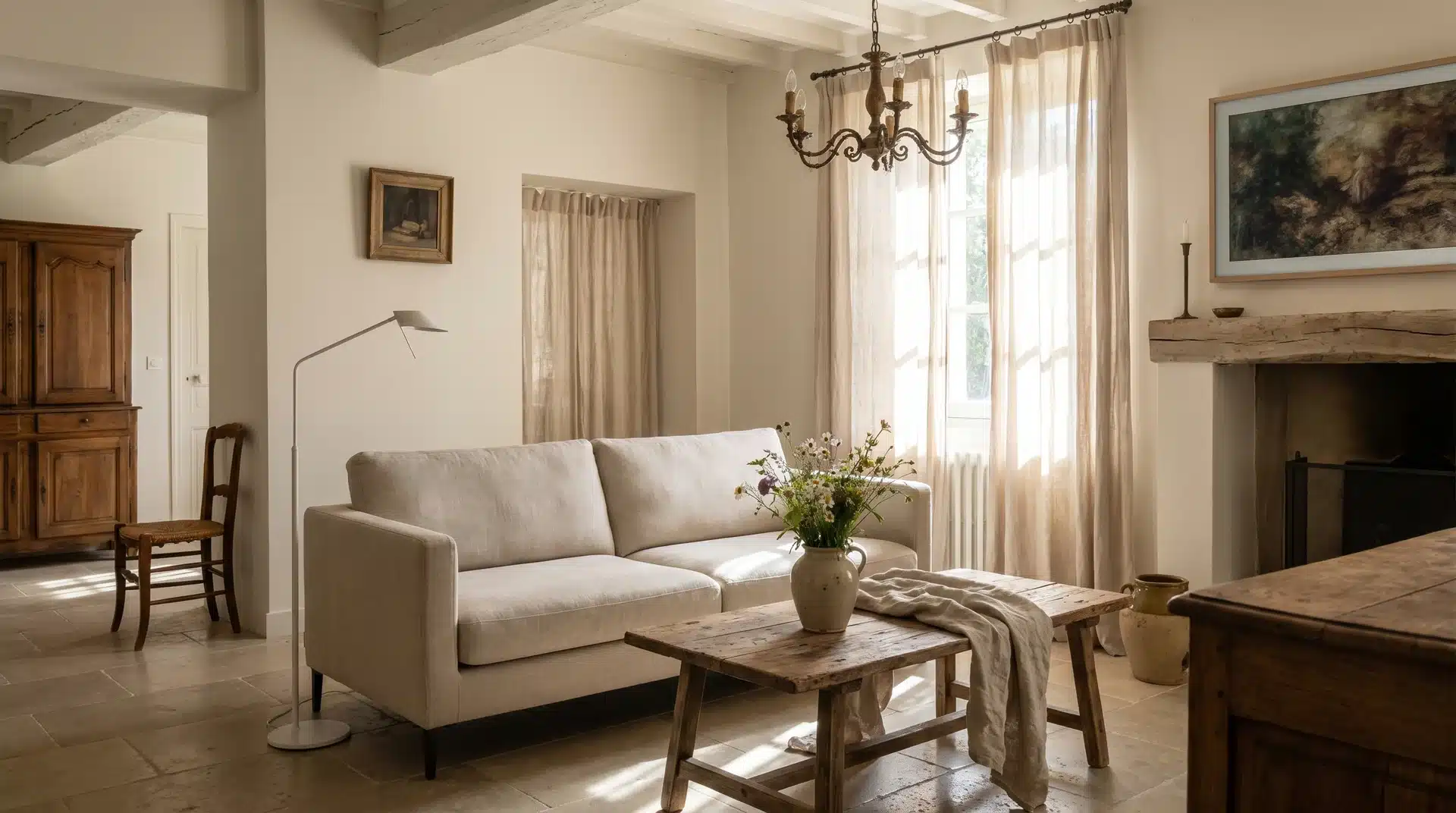 Rustic French country living room with neutral tones, exposed beams, and cozy decor.