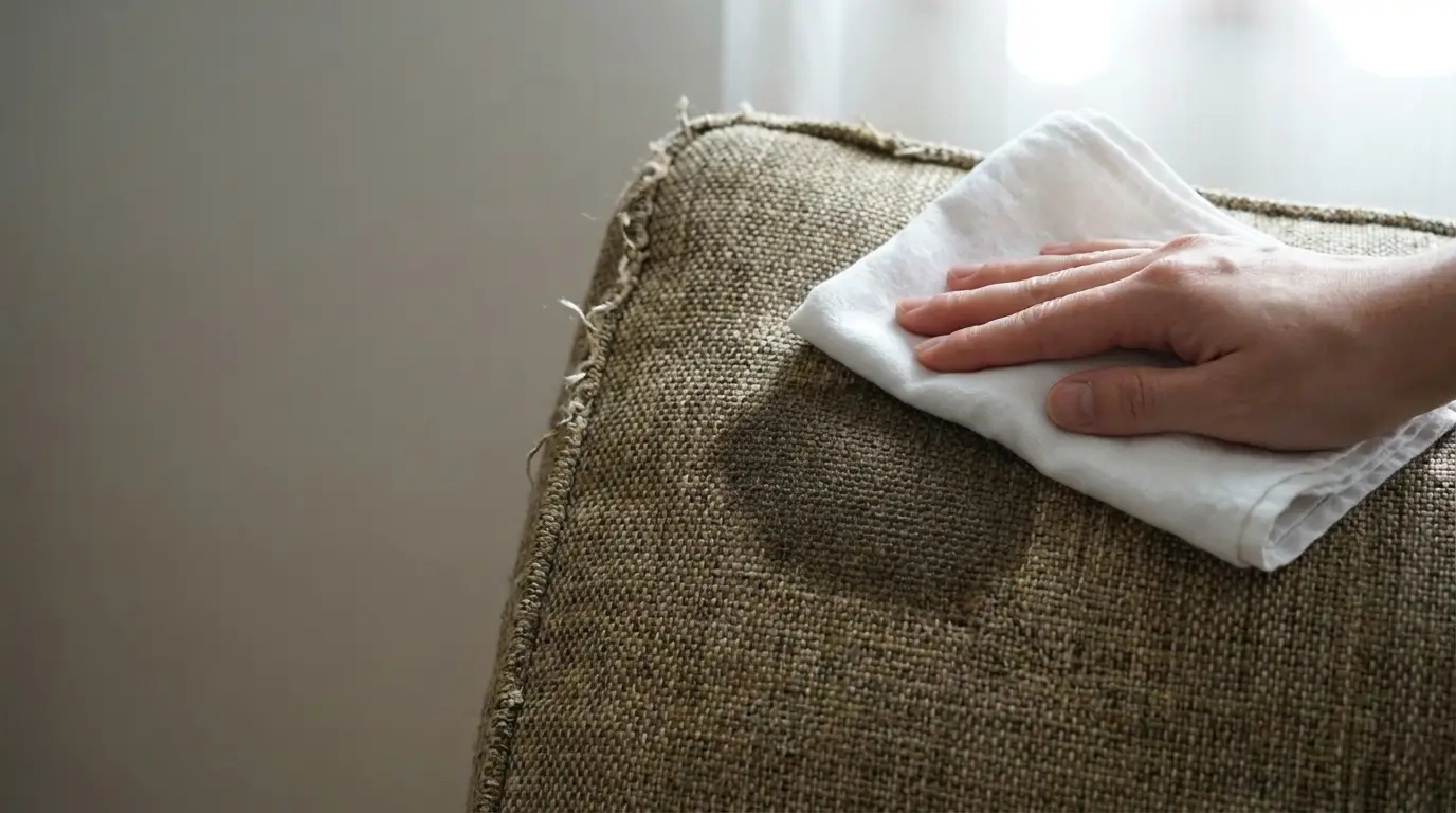 Hand cleaning brown fabric sofa with white cloth in natural light setting