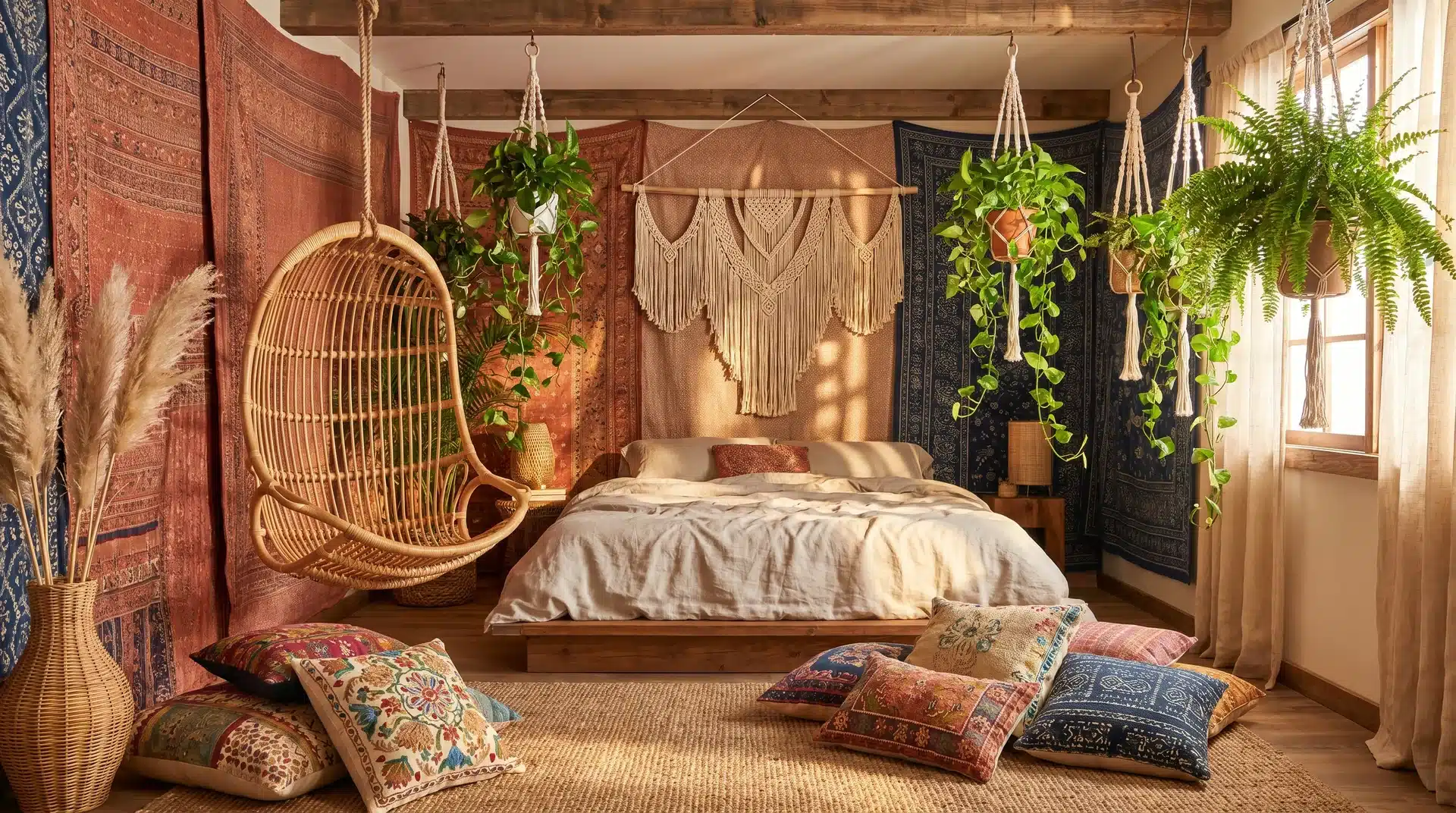 Bohemian bedroom featuring a low platform bed, hanging rattan swing chair, macrame wall hangings, and abundant potted plants.