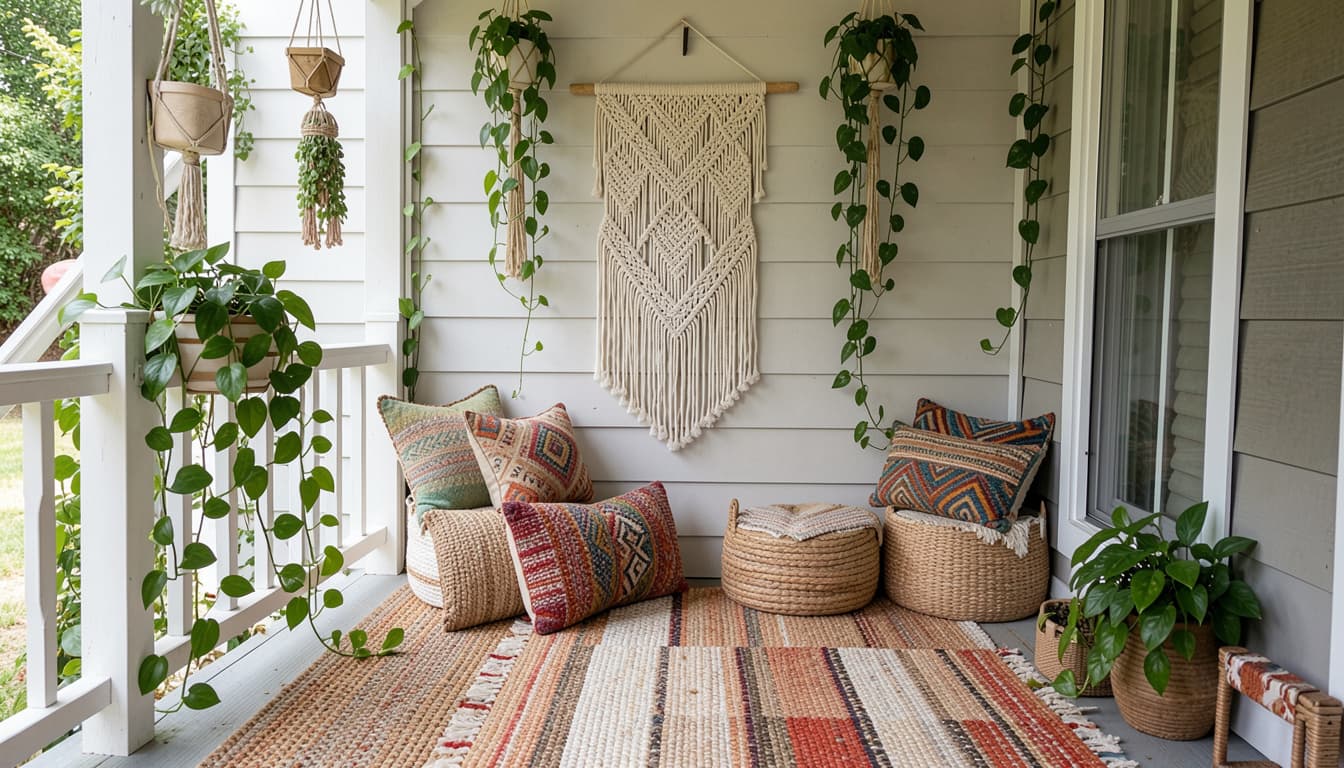 Bohemian front porch ideas with a macramé wall hanging, layered outdoor rugs, mixed patterned cushions, and trailing plants.