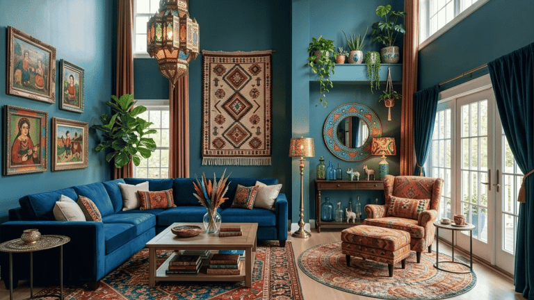 Bold eclectic living room layout with layered textures, jewel-toned seating, and a cozy corner lounge filled with global-inspired decor.